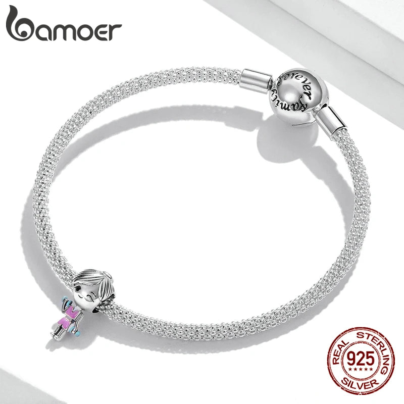 Cute 925 Sterling Silver Gym Clothes Pink Workout Girl Charm Dumbbells Charm for Bracelet Women Fashion Jewelry BSC488