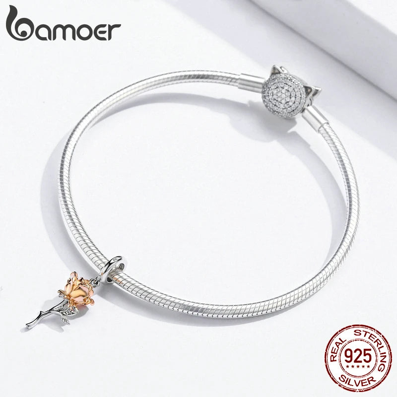 3D Rose Flower Pendant Charm 925 Sterling Silver Rose Gold Color Charms for Bracelet or Necklace DIY Sunflower Charms