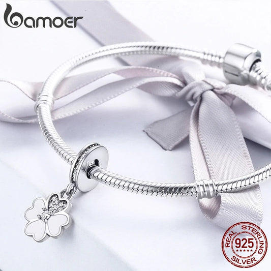 Genuine 925 Sterling Silver Heart Petals Clover Dangle Charm Fit Original Charm Bracelets Women DIY Fine Jewelry SCC259