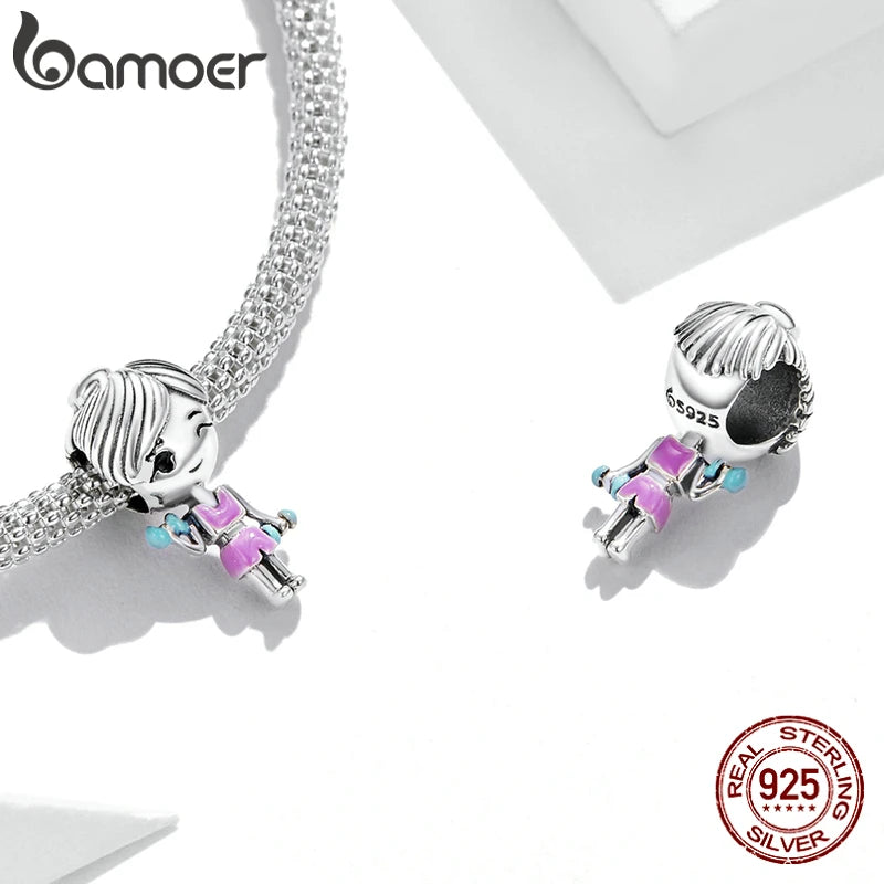 Cute 925 Sterling Silver Gym Clothes Pink Workout Girl Charm Dumbbells Charm for Bracelet Women Fashion Jewelry BSC488