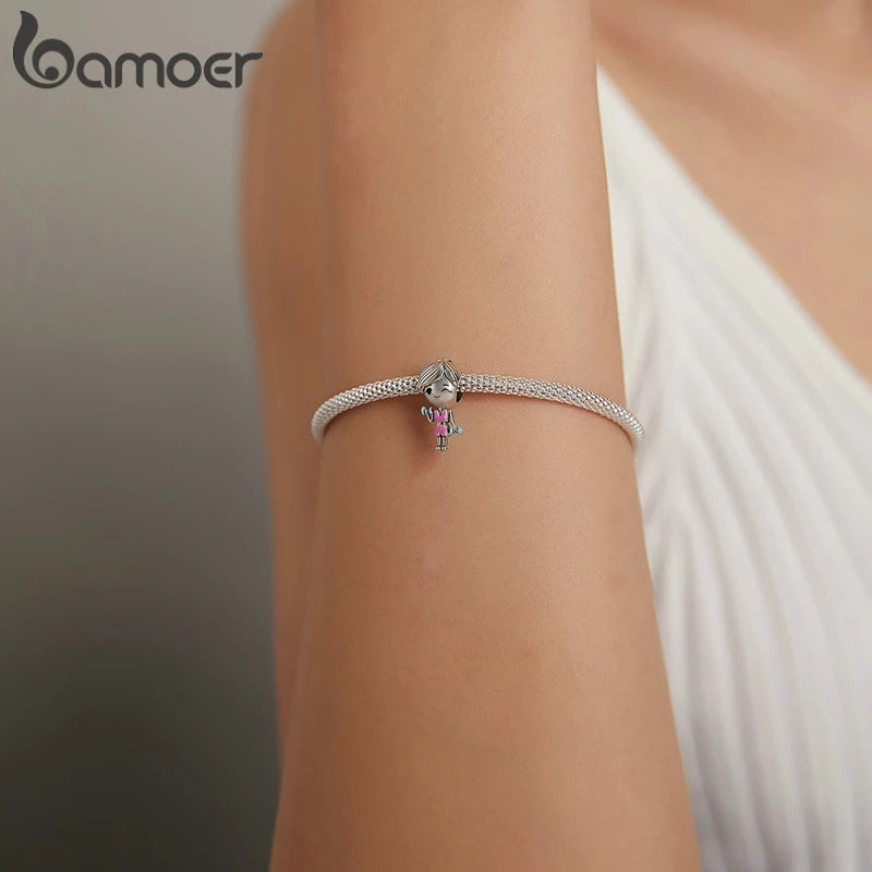 Cute 925 Sterling Silver Gym Clothes Pink Workout Girl Charm Dumbbells Charm for Bracelet Women Fashion Jewelry BSC488