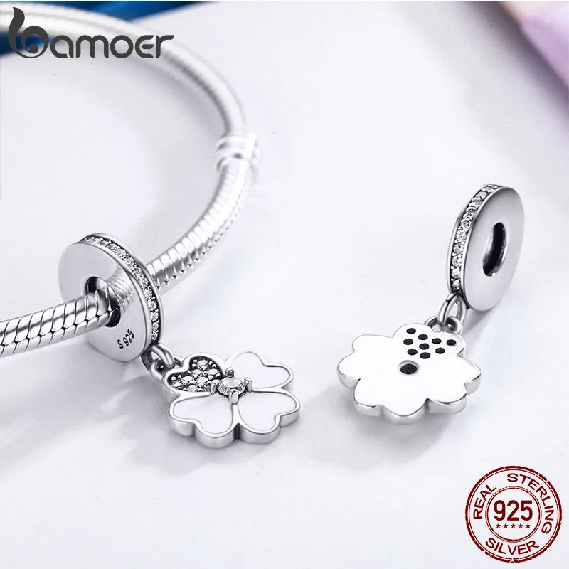 Genuine 925 Sterling Silver Heart Petals Clover Dangle Charm Fit Original Charm Bracelets Women DIY Fine Jewelry SCC259