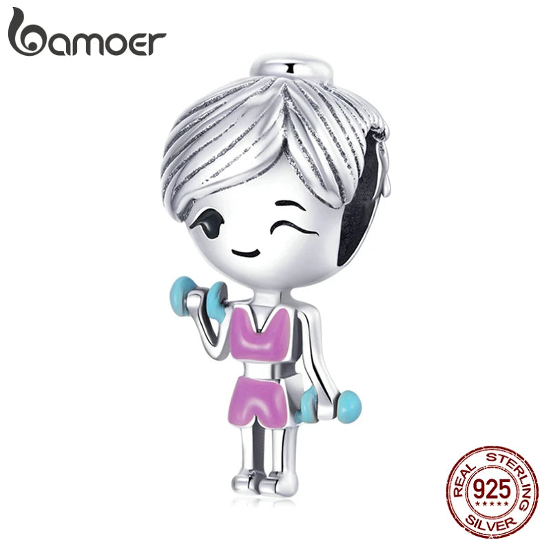 Cute 925 Sterling Silver Gym Clothes Pink Workout Girl Charm Dumbbells Charm for Bracelet Women Fashion Jewelry BSC488
