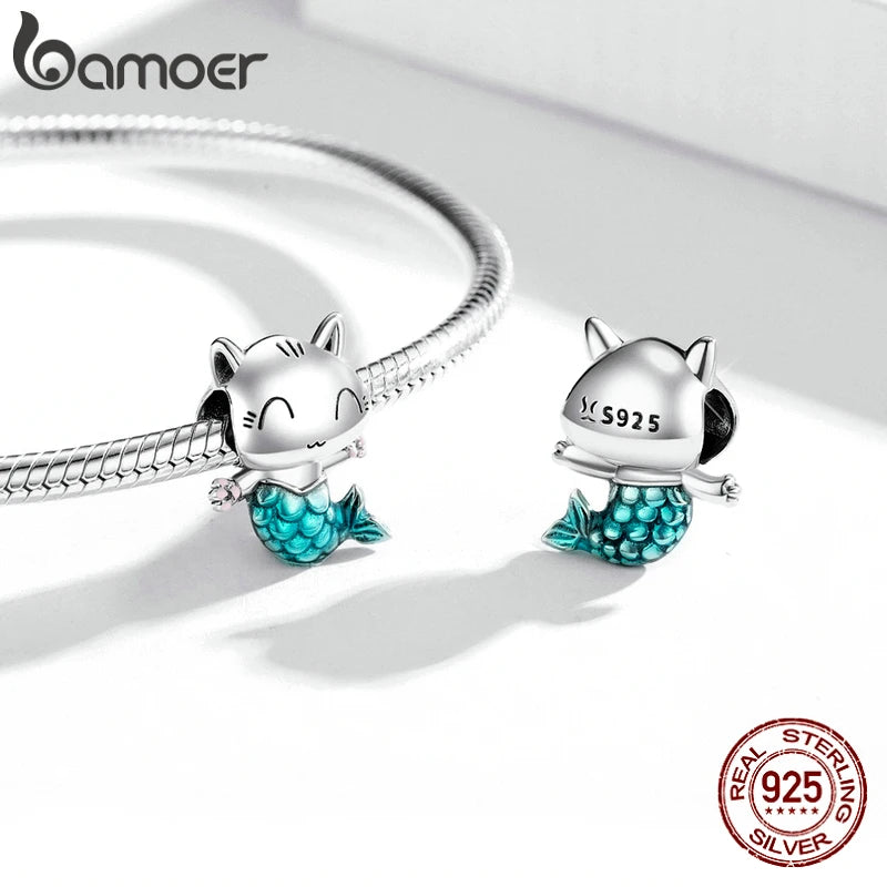 925 Sterling Silver Kitty Mermaid Charm Blue Enamel Bead Pendant for Charm Bracelet Bangle DIY Making for Girl