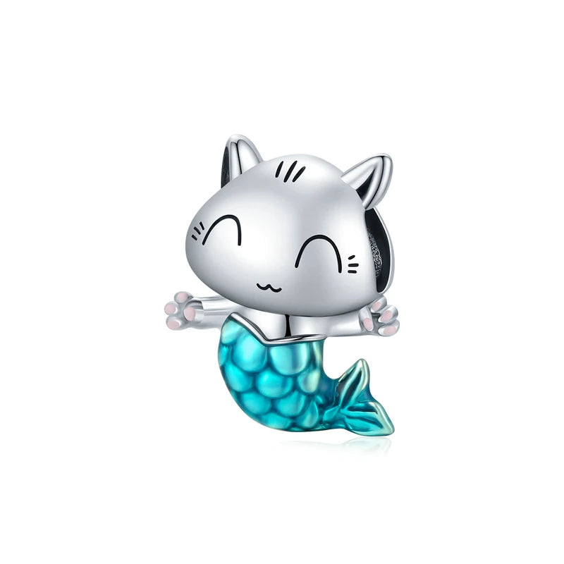 925 Sterling Silver Kitty Mermaid Charm Blue Enamel Bead Pendant for Charm Bracelet Bangle DIY Making for Girl