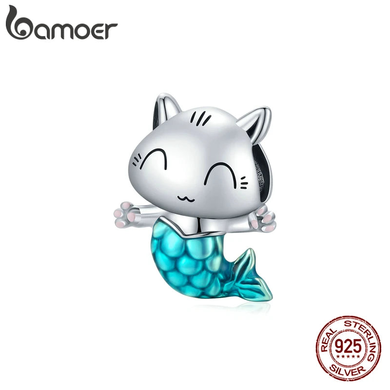 925 Sterling Silver Kitty Mermaid Charm Blue Enamel Bead Pendant for Charm Bracelet Bangle DIY Making for Girl