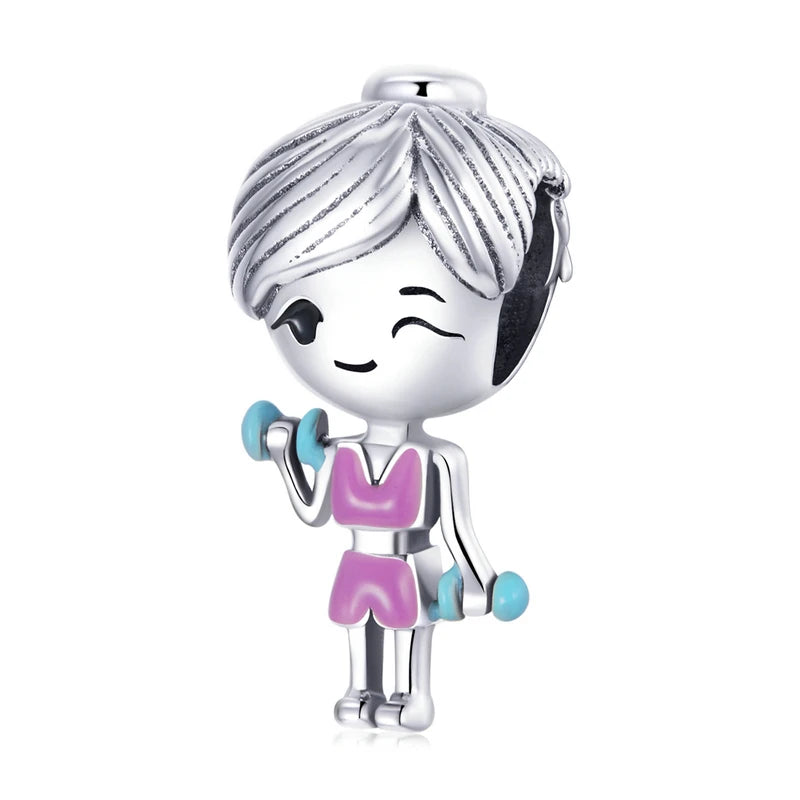 Cute 925 Sterling Silver Gym Clothes Pink Workout Girl Charm Dumbbells Charm for Bracelet Women Fashion Jewelry BSC488