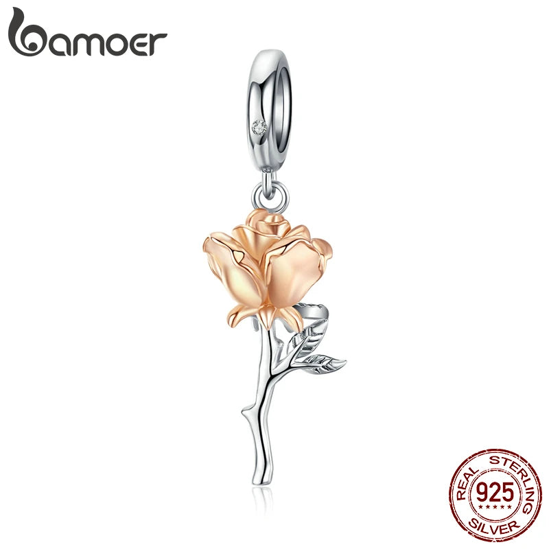 3D Rose Flower Pendant Charm 925 Sterling Silver Rose Gold Color Charms for Bracelet or Necklace DIY Sunflower Charms