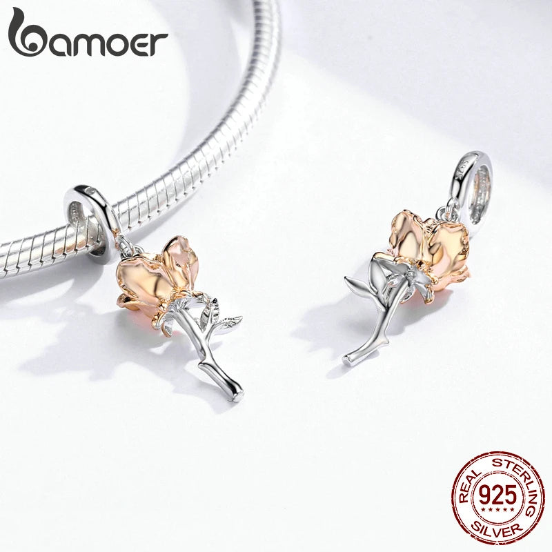 3D Rose Flower Pendant Charm 925 Sterling Silver Rose Gold Color Charms for Bracelet or Necklace DIY Sunflower Charms