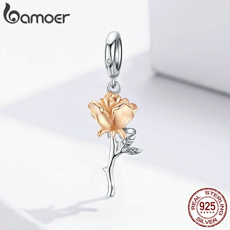 3D Rose Flower Pendant Charm 925 Sterling Silver Rose Gold Color Charms for Bracelet or Necklace DIY Sunflower Charms