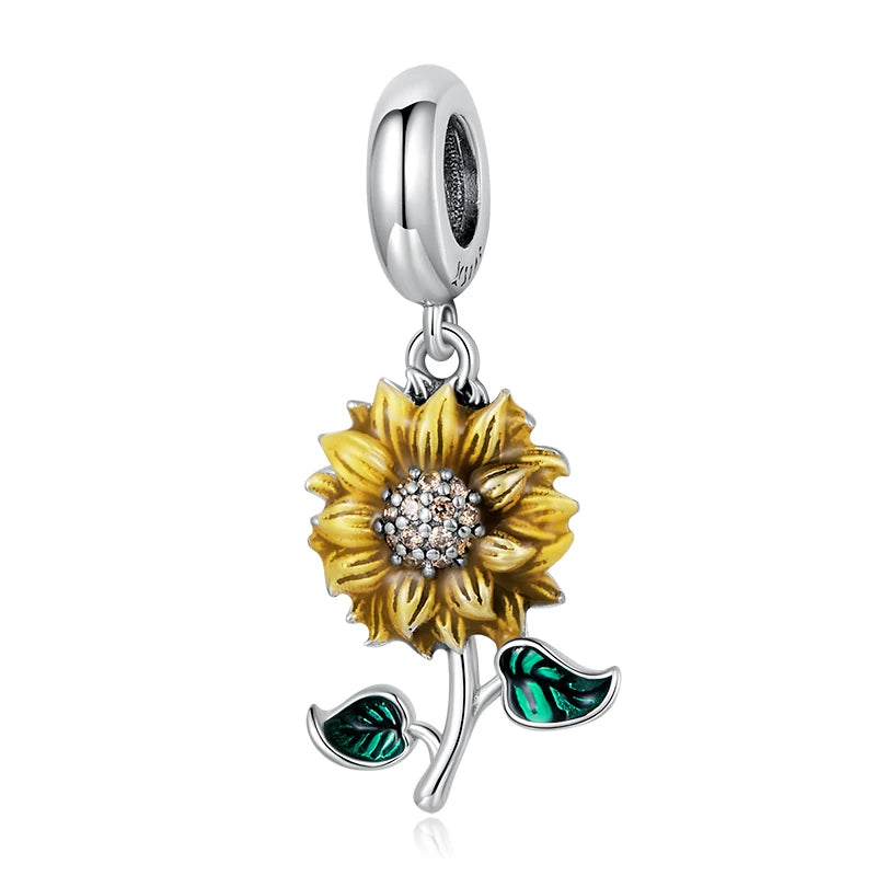 3D Rose Flower Pendant Charm 925 Sterling Silver Rose Gold Color Charms for Bracelet or Necklace DIY Sunflower Charms