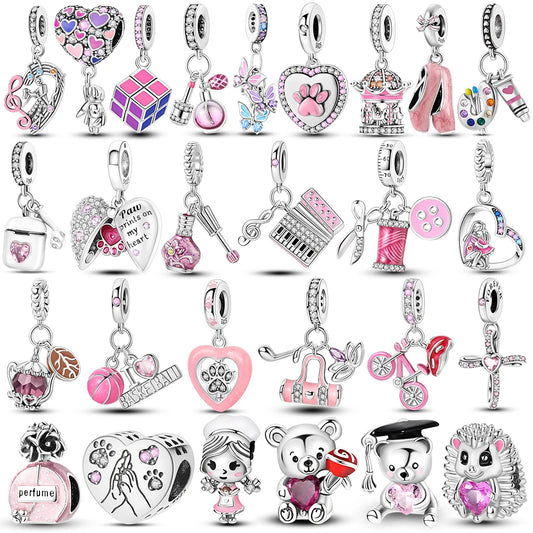 Pink Series Charms 925 Silver Perfume Butterfly Charm Beads Pendent Dangle Fit Original Bangle Charm Bracelet DIY Women Jewelry