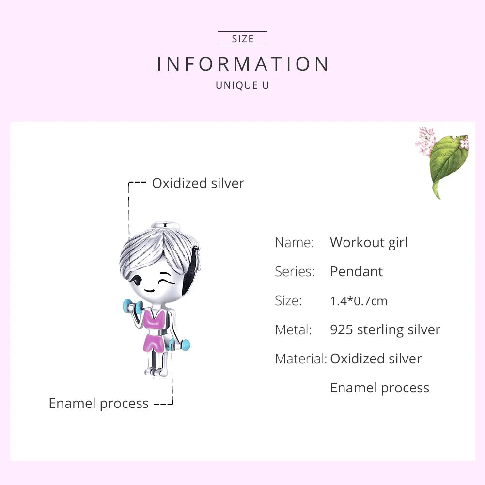Cute 925 Sterling Silver Gym Clothes Pink Workout Girl Charm Dumbbells Charm for Bracelet Women Fashion Jewelry BSC488