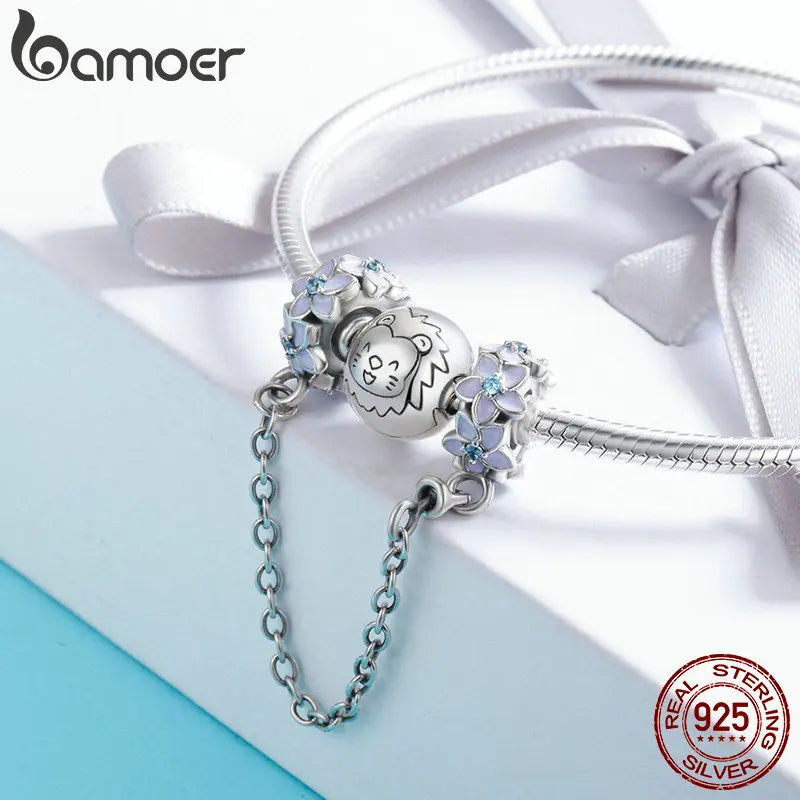 100% 925 Sterling Silver Purple Enamel Daisy Flower Safety Chain Stopper Charm Fit Charm Bracelet DIY Jewelry SCC602
