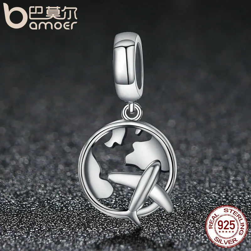 Authentic 925 Sterling Silver Traveling Dream Map & Plane Charm Beads Fit Charm Bracelets Fashion DIY Jewelry S925 SCC242