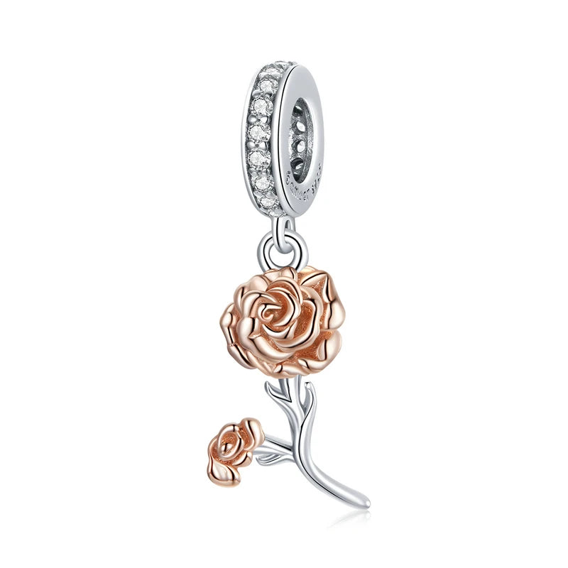 3D Rose Flower Pendant Charm 925 Sterling Silver Rose Gold Color Charms for Bracelet or Necklace DIY Sunflower Charms