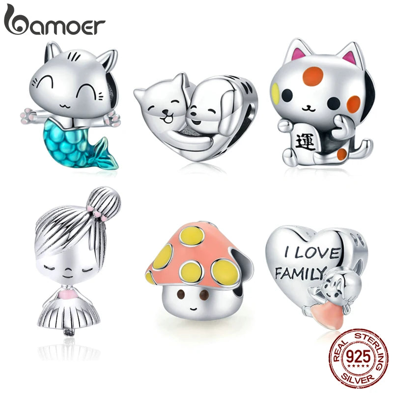 925 Sterling Silver Kitty Mermaid Charm Blue Enamel Bead Pendant for Charm Bracelet Bangle DIY Making for Girl