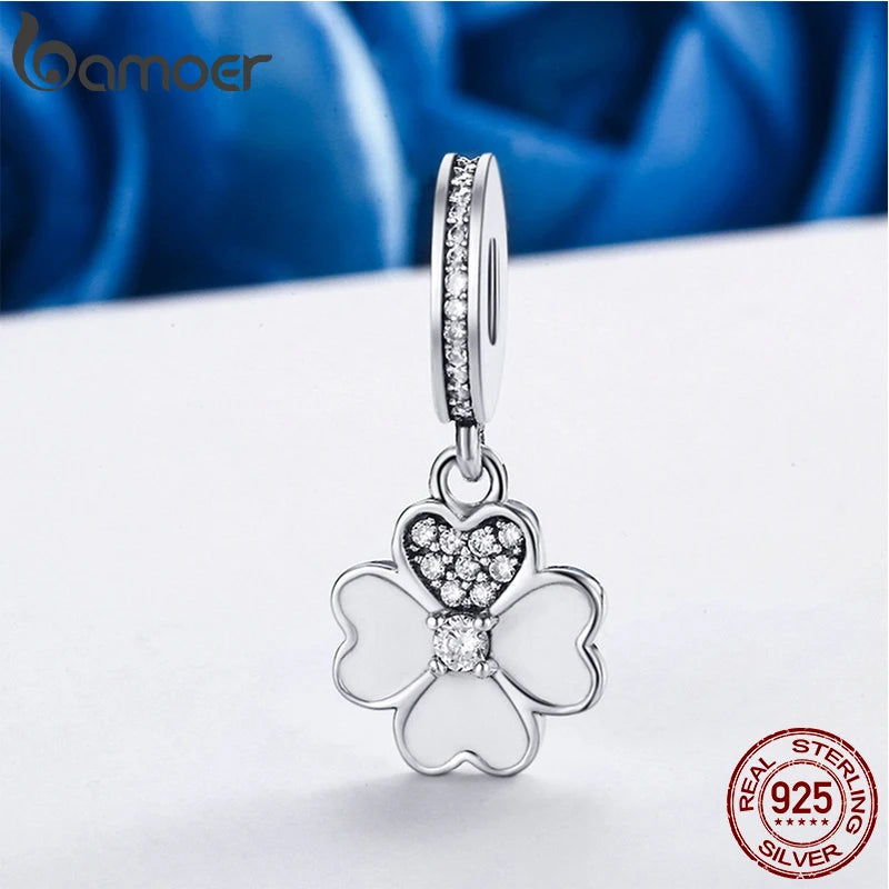 Genuine 925 Sterling Silver Heart Petals Clover Dangle Charm Fit Original Charm Bracelets Women DIY Fine Jewelry SCC259