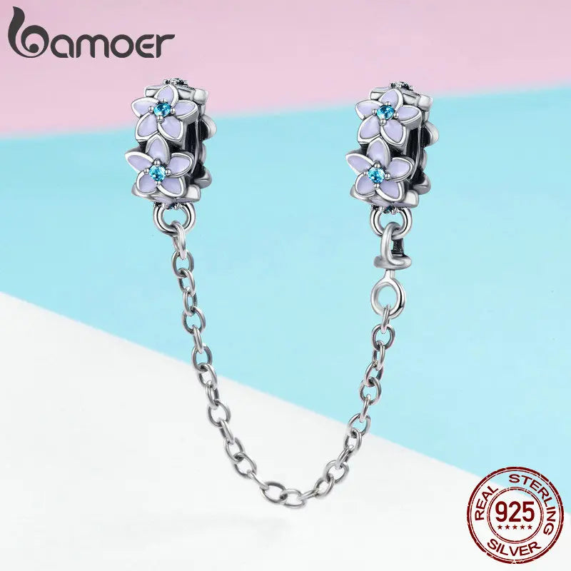 100% 925 Sterling Silver Purple Enamel Daisy Flower Safety Chain Stopper Charm Fit Charm Bracelet DIY Jewelry SCC602