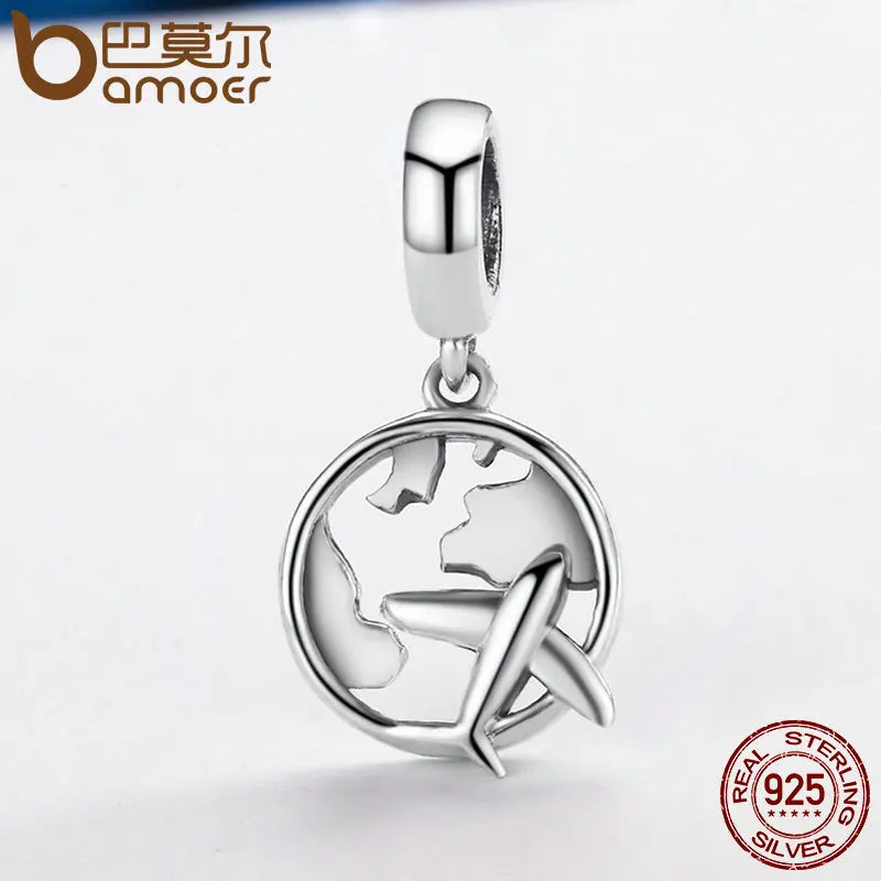 Authentic 925 Sterling Silver Traveling Dream Map & Plane Charm Beads Fit Charm Bracelets Fashion DIY Jewelry S925 SCC242