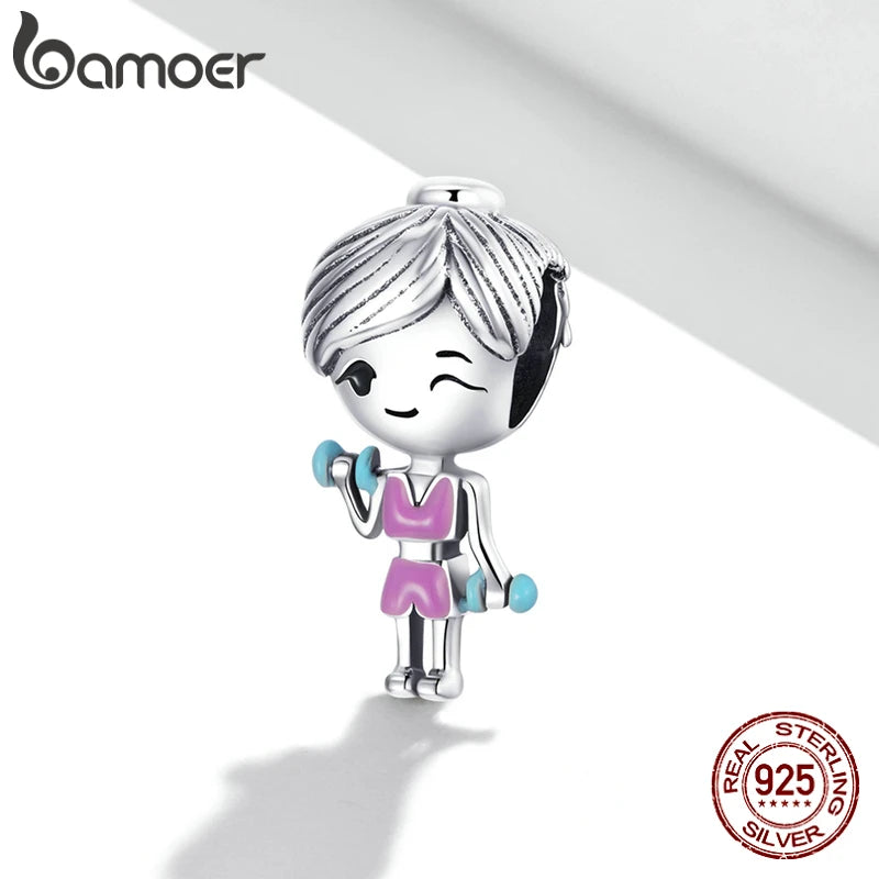 Cute 925 Sterling Silver Gym Clothes Pink Workout Girl Charm Dumbbells Charm for Bracelet Women Fashion Jewelry BSC488