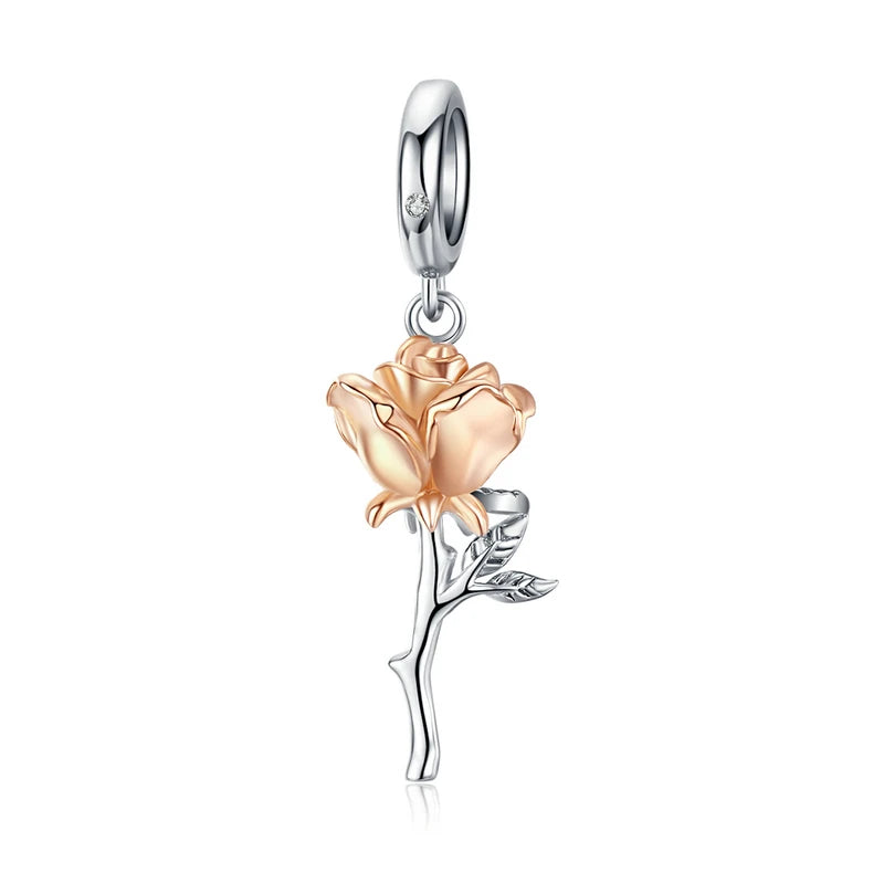 3D Rose Flower Pendant Charm 925 Sterling Silver Rose Gold Color Charms for Bracelet or Necklace DIY Sunflower Charms