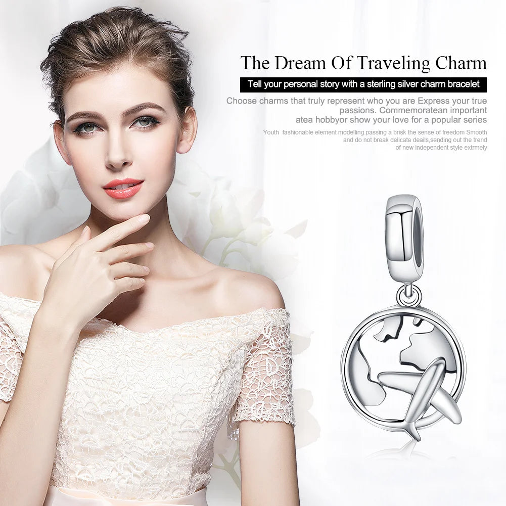 Authentic 925 Sterling Silver Traveling Dream Map & Plane Charm Beads Fit Charm Bracelets Fashion DIY Jewelry S925 SCC242