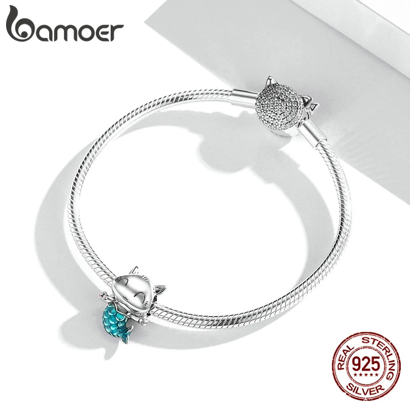 925 Sterling Silver Kitty Mermaid Charm Blue Enamel Bead Pendant for Charm Bracelet Bangle DIY Making for Girl