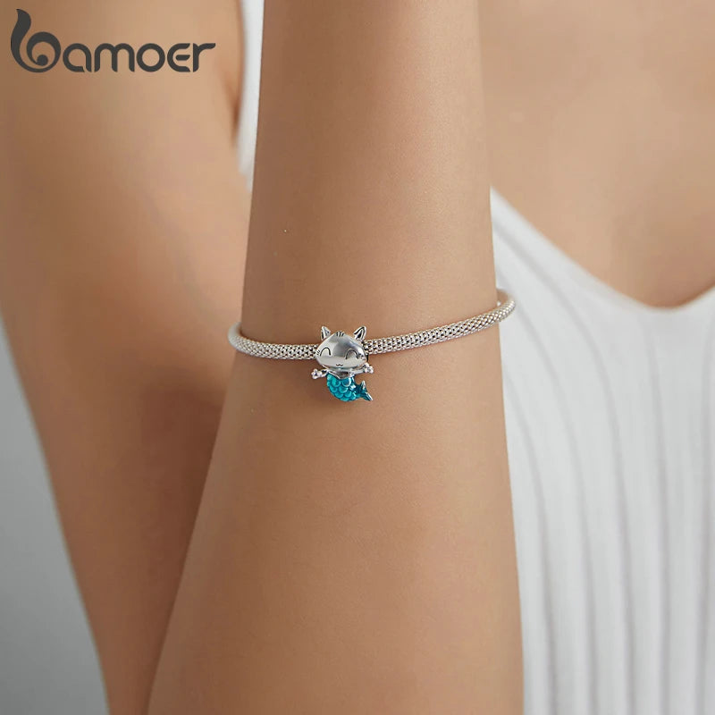 925 Sterling Silver Kitty Mermaid Charm Blue Enamel Bead Pendant for Charm Bracelet Bangle DIY Making for Girl