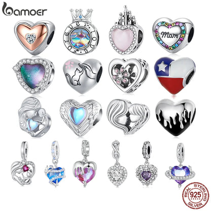925 Sterling Silver Heart-Shape Charm Beads Fit Original Charm Bracelet Inlaid Zircon Colorful Pendants DIY Accessories