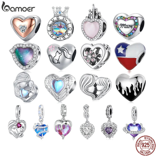 925 Sterling Silver Heart-Shape Charm Beads Fit Original Charm Bracelet Inlaid Zircon Colorful Pendants DIY Accessories