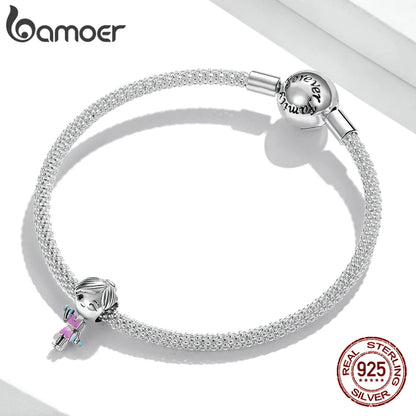 Cute 925 Sterling Silver Gym Clothes Pink Workout Girl Charm Dumbbells Charm for Bracelet Women Fashion Jewelry BSC488