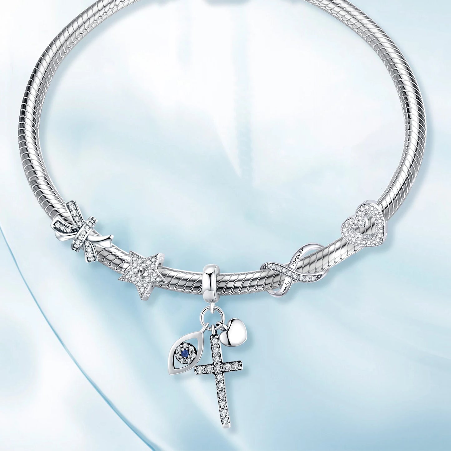 925 Sterling Silver Clear 5A Crystal Collection Family Heart Cross Charm Beads Fit for Charm Bracelet & Necklace Pendant