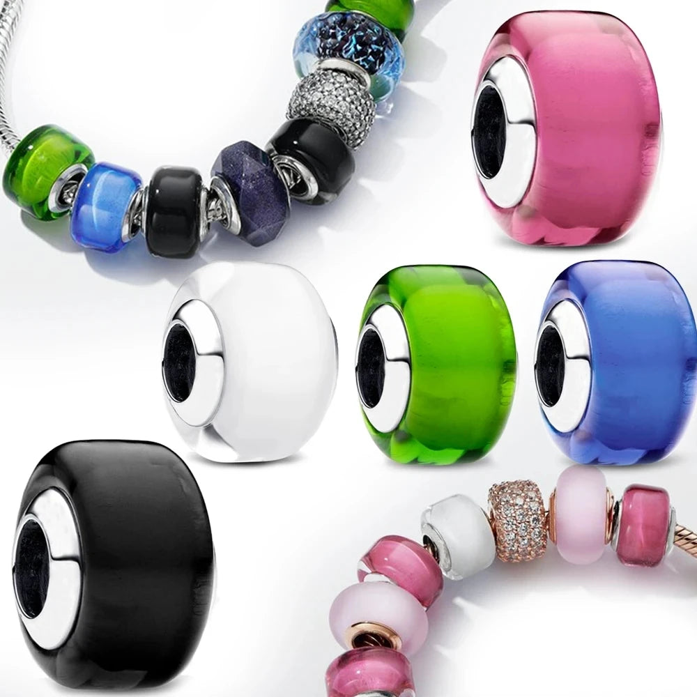 Matte Green Purple Pink Blue Murano Glass Charm Charms for Original 925 Charms Bracelet Silver Charm Bead for Women Jewelry
