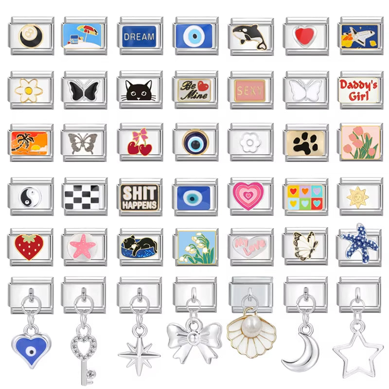 Fashion Devil Eyes Heart Star Flowers Italian Charm Links Stainless Steel Fit 9Mm Bracelet Jewelry DIY Making Gifts Wholesale