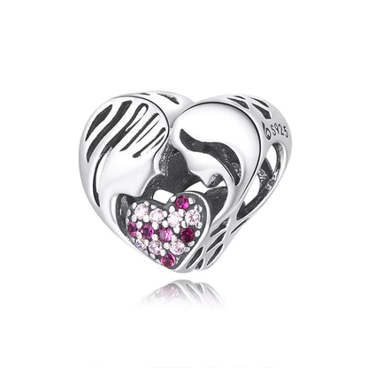 925 Sterling Silver Mother & Daughter Love - Pave Heart Charm