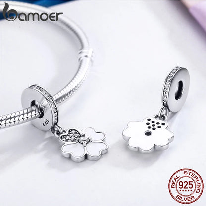 Genuine 925 Sterling Silver Heart Petals Clover Dangle Charm Fit Original Charm Bracelets Women DIY Fine Jewelry SCC259