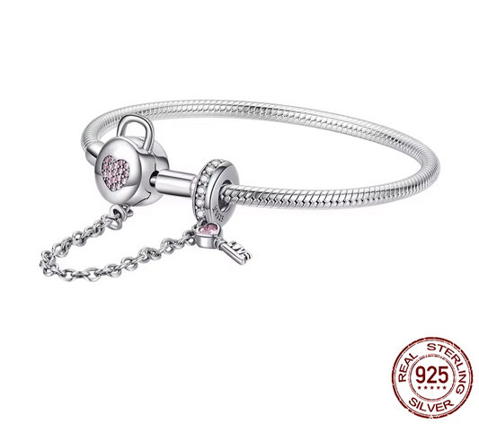 925 Sterling Silver Bracelet Zircon Pink Heart Lock and Key Safety Charm  (SCB143)