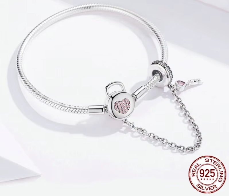 925 Sterling Silver Snake Chain Bracelet Zircon Pink Heart Lock and Key Safety Charm Bracelet for Women Gift SCB143