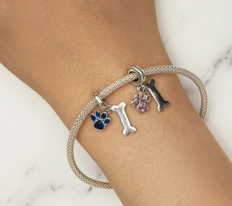 925 Sterling Silver Dog Paw & Bone Pendant - Pink Charm