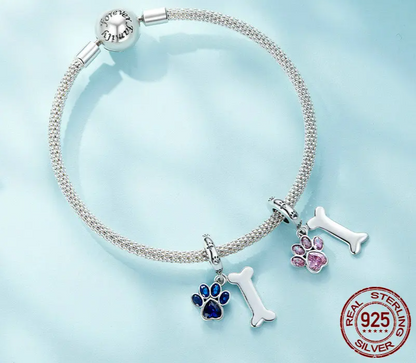 925 Sterling Silver Dog Paw & Bone Pendant - Pink Charm