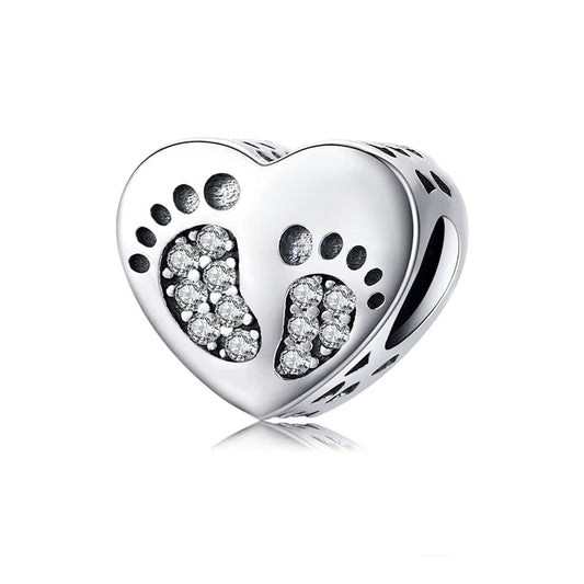 925 Sterling Silver Heard with Baby Foot Print Charm