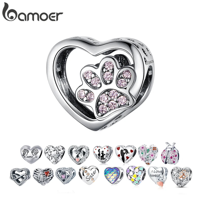 925 Sterling Silver Heart-Shape Collection Charms Cat Love Paw Footprints Charms Fit for Charm Bracelet Fine Jewelry