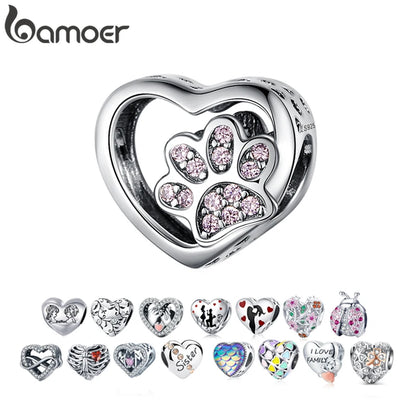 925 Sterling Silver Heart-Shape Collection Charms Cat Love Paw Footprints Charms Fit for Charm Bracelet Fine Jewelry