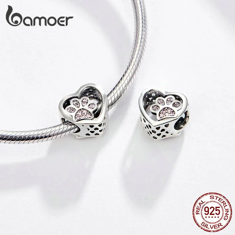 925 Sterling Silver Heart-Shape Collection Charms Cat Love Paw Footprints Charms Fit for Charm Bracelet Fine Jewelry