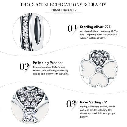 Genuine 925 Sterling Silver Heart Petals Clover Dangle Charm Fit Original Charm Bracelets Women DIY Fine Jewelry SCC259