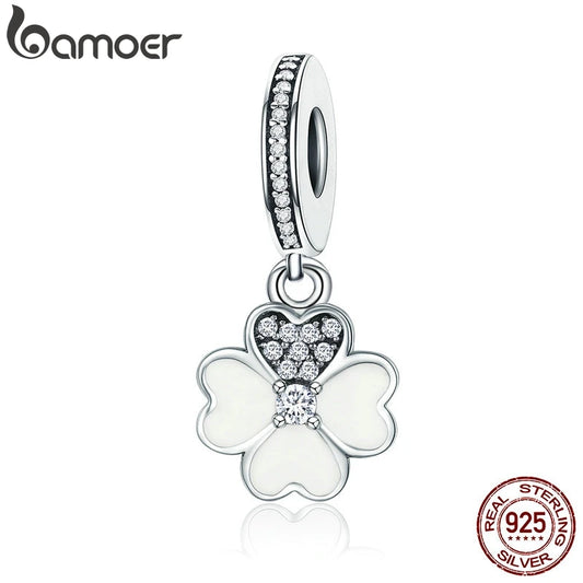 Genuine 925 Sterling Silver Heart Petals Clover Dangle Charm Fit Original Charm Bracelets Women DIY Fine Jewelry SCC259