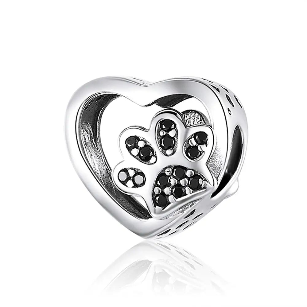 925 Sterling Silver Heart-Shape Collection Charms Cat Love Paw Footprints Charms Fit for Charm Bracelet Fine Jewelry