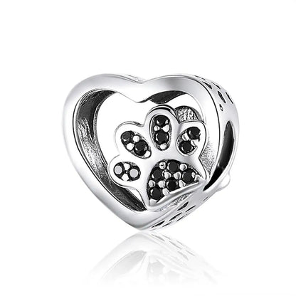 925 Sterling Silver Heart-Shape Collection Charms Cat Love Paw Footprints Charms Fit for Charm Bracelet Fine Jewelry