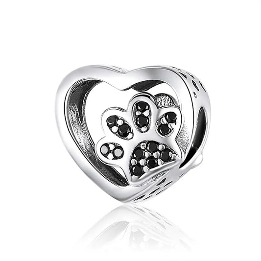 Silver Heart Charm with Black Paw Print Charm